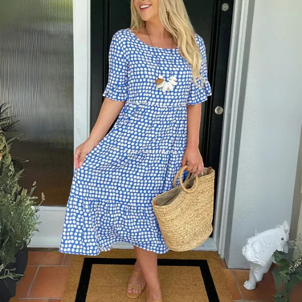 Women's Casual Polka Dot Midi Summer Dress with Tiered Detailing