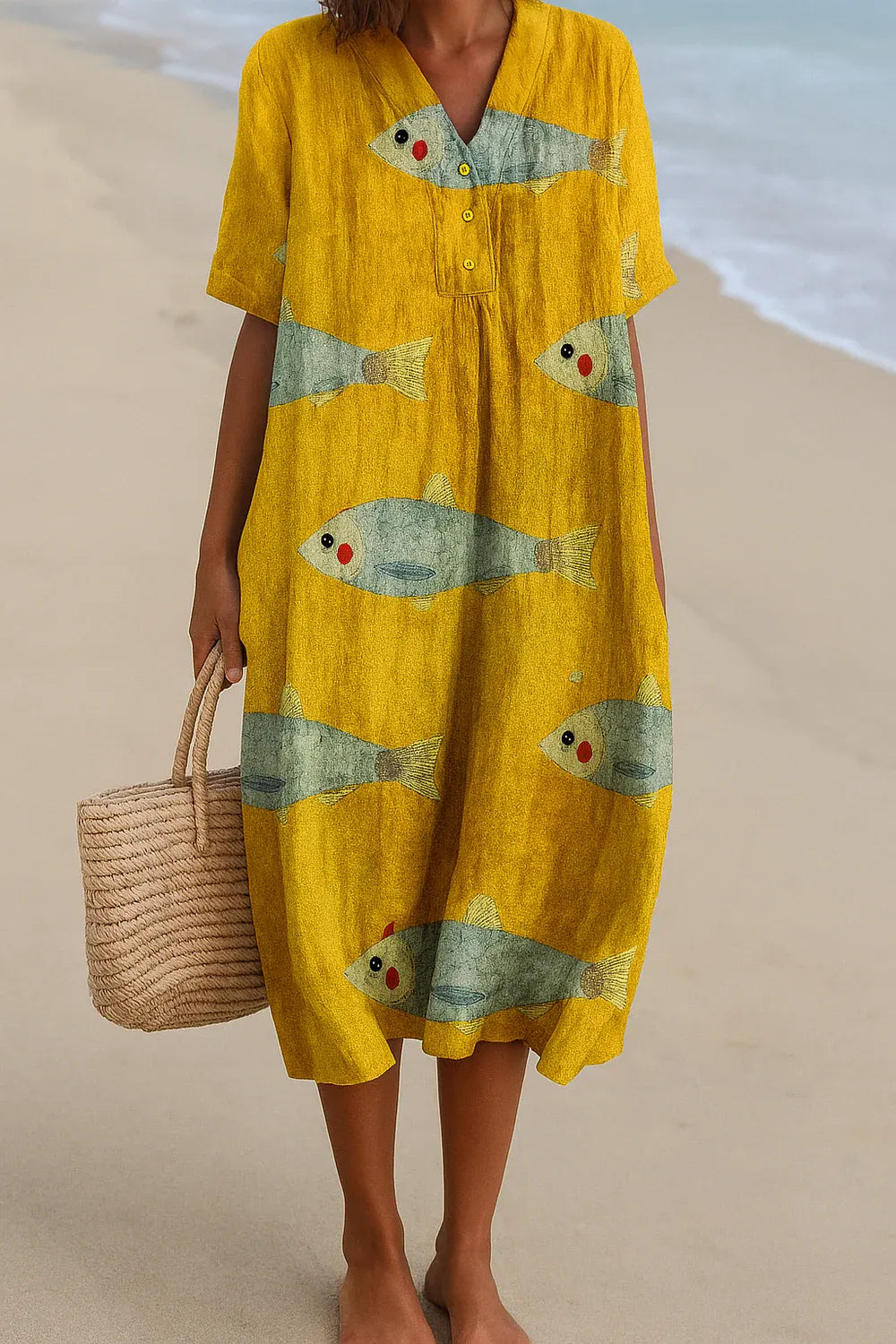 Women's Loose Printed Midi Summer Dress with V-Neck