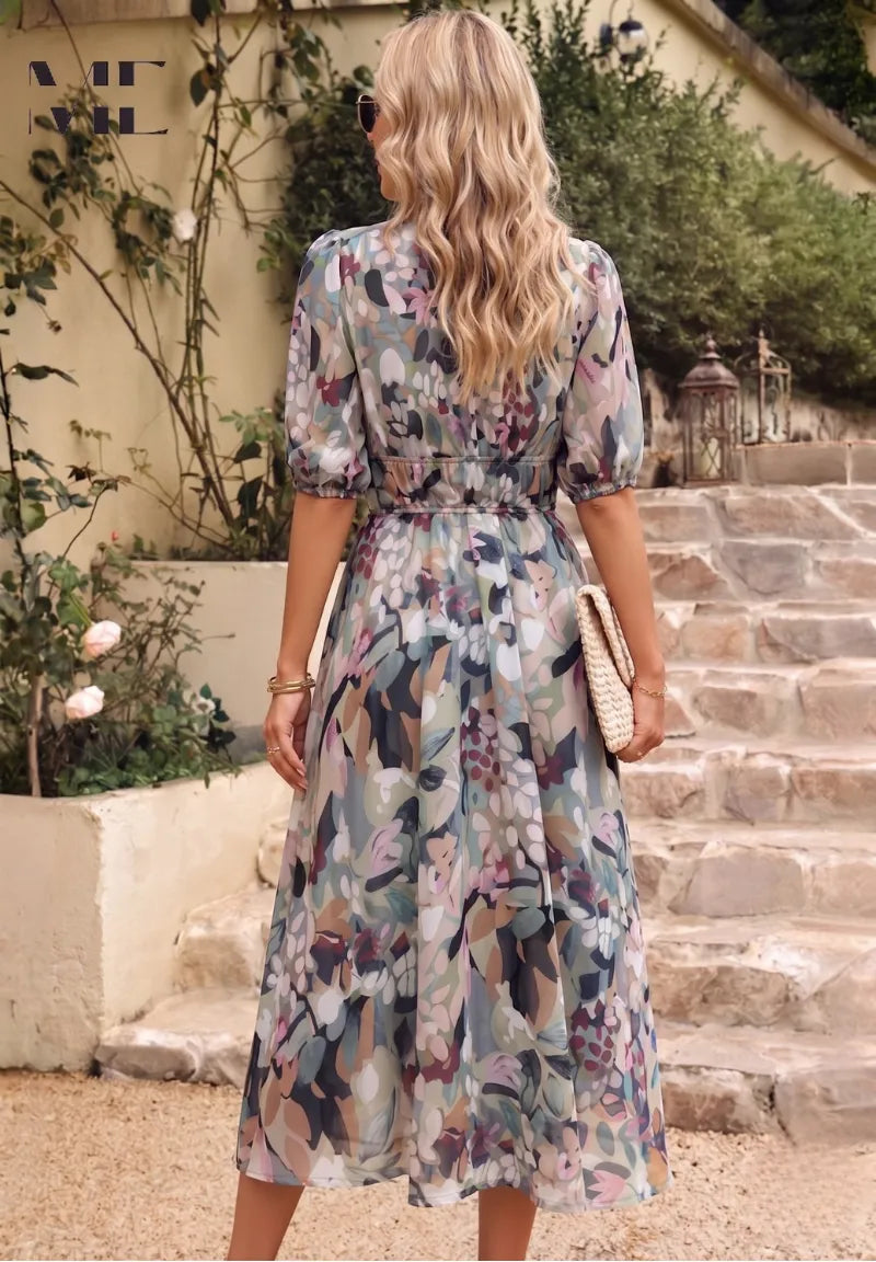 Women's Casual Printed Midi Summer Dress with Puff Sleeve