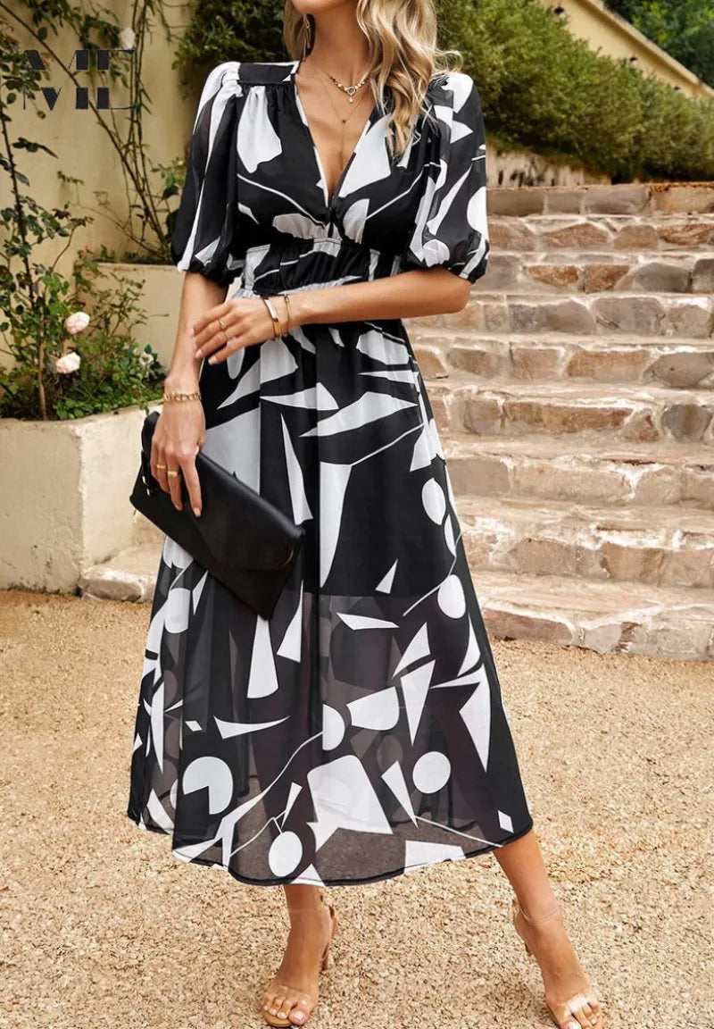 Women's Casual Printed Midi Summer Dress with Puff Sleeve