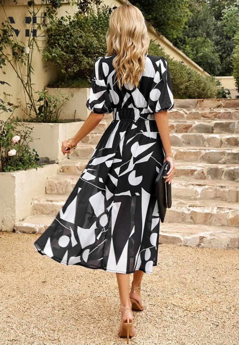 Women's Casual Printed Midi Summer Dress with Puff Sleeve