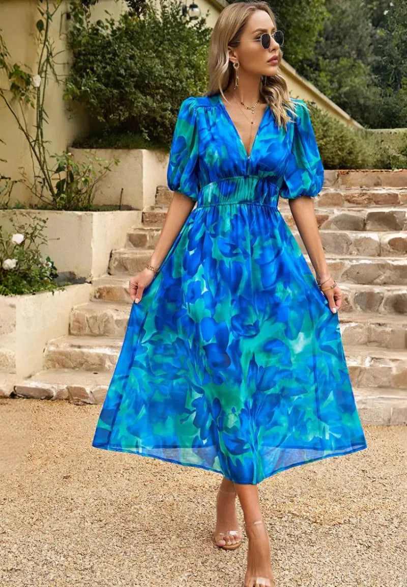 Women's Casual Printed Midi Summer Dress with Puff Sleeve