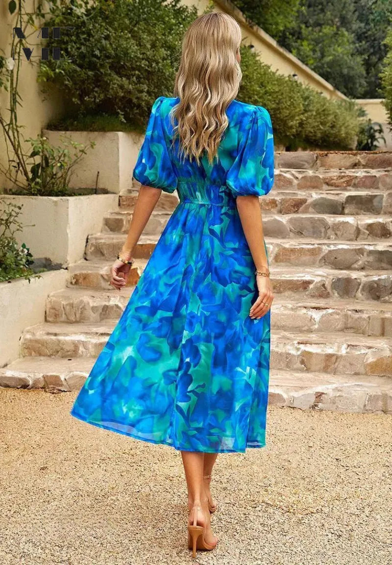 Women's Casual Printed Midi Summer Dress with Puff Sleeve
