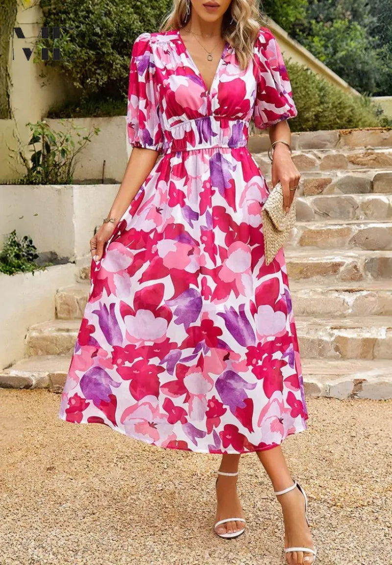 Women's Casual Printed Midi Summer Dress with Puff Sleeve