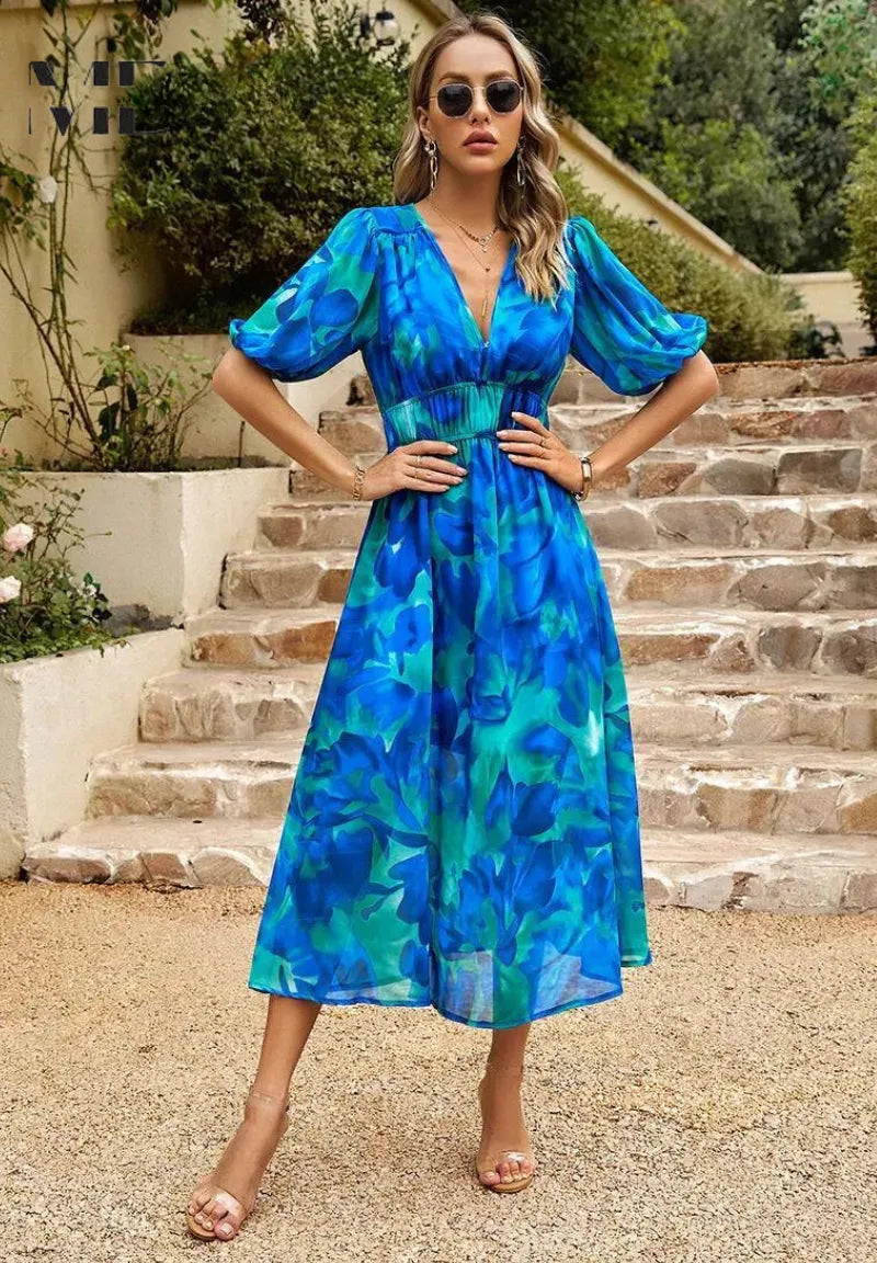 Women's Casual Printed Midi Summer Dress with Puff Sleeve