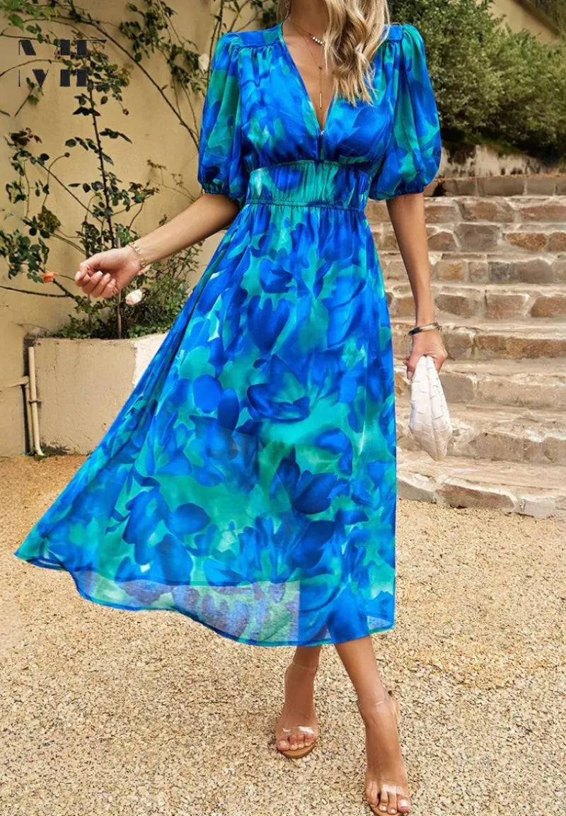 Women's Casual Printed Midi Summer Dress with Puff Sleeve