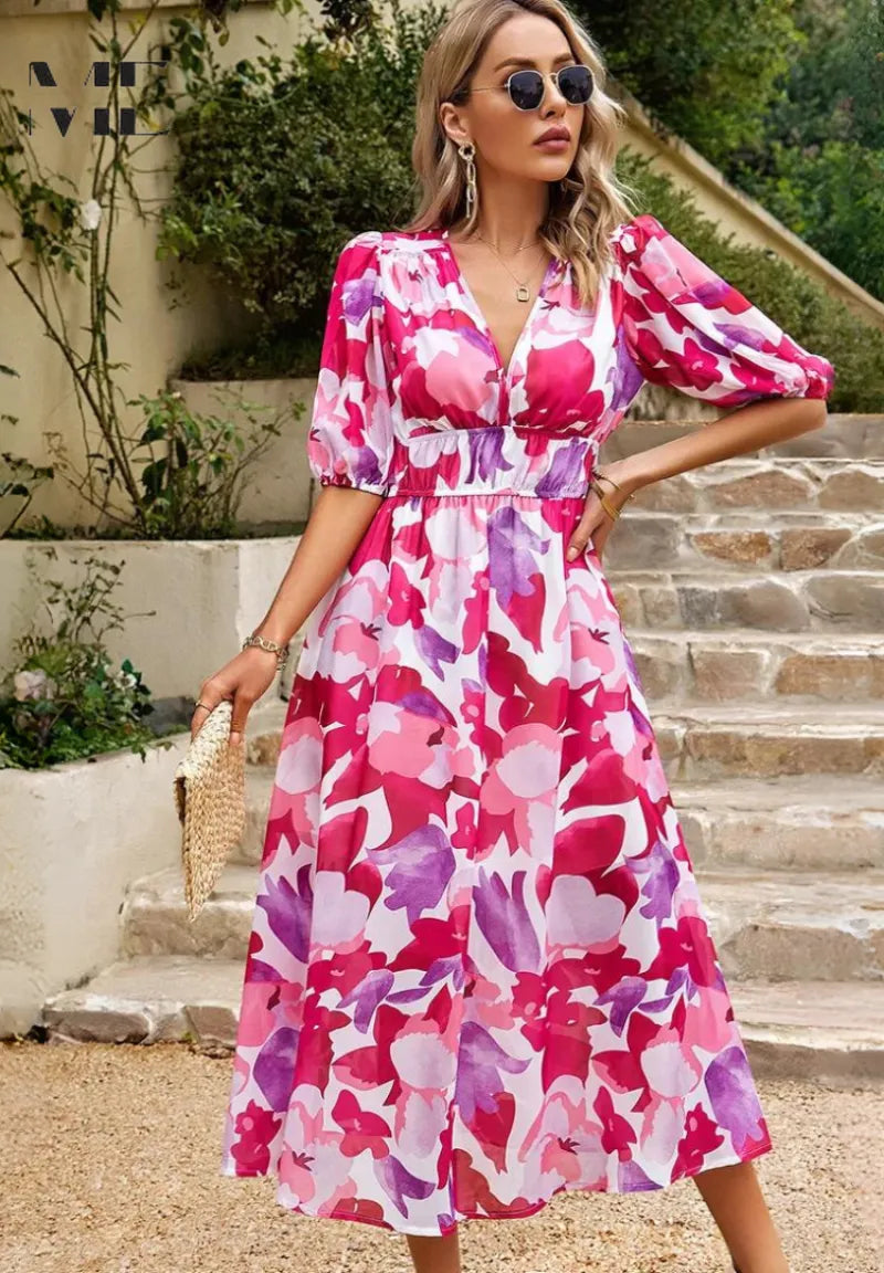 Women's Casual Printed Midi Summer Dress with Puff Sleeve