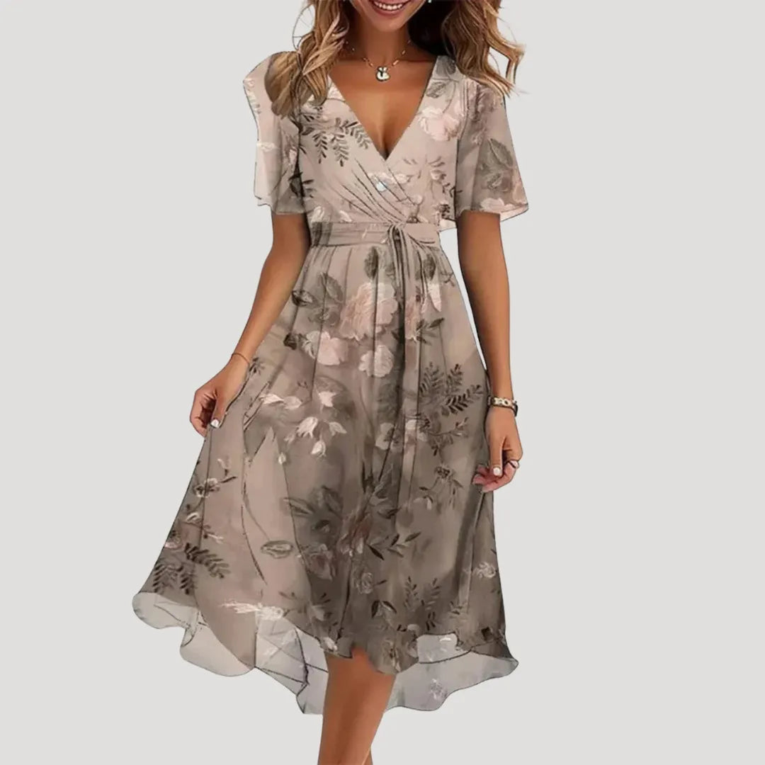 Women's Casual Printed Midi Summer Dress with V-Neck