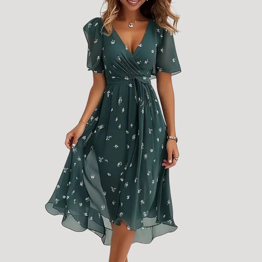 Women's Casual Printed Midi Summer Dress with V-Neck