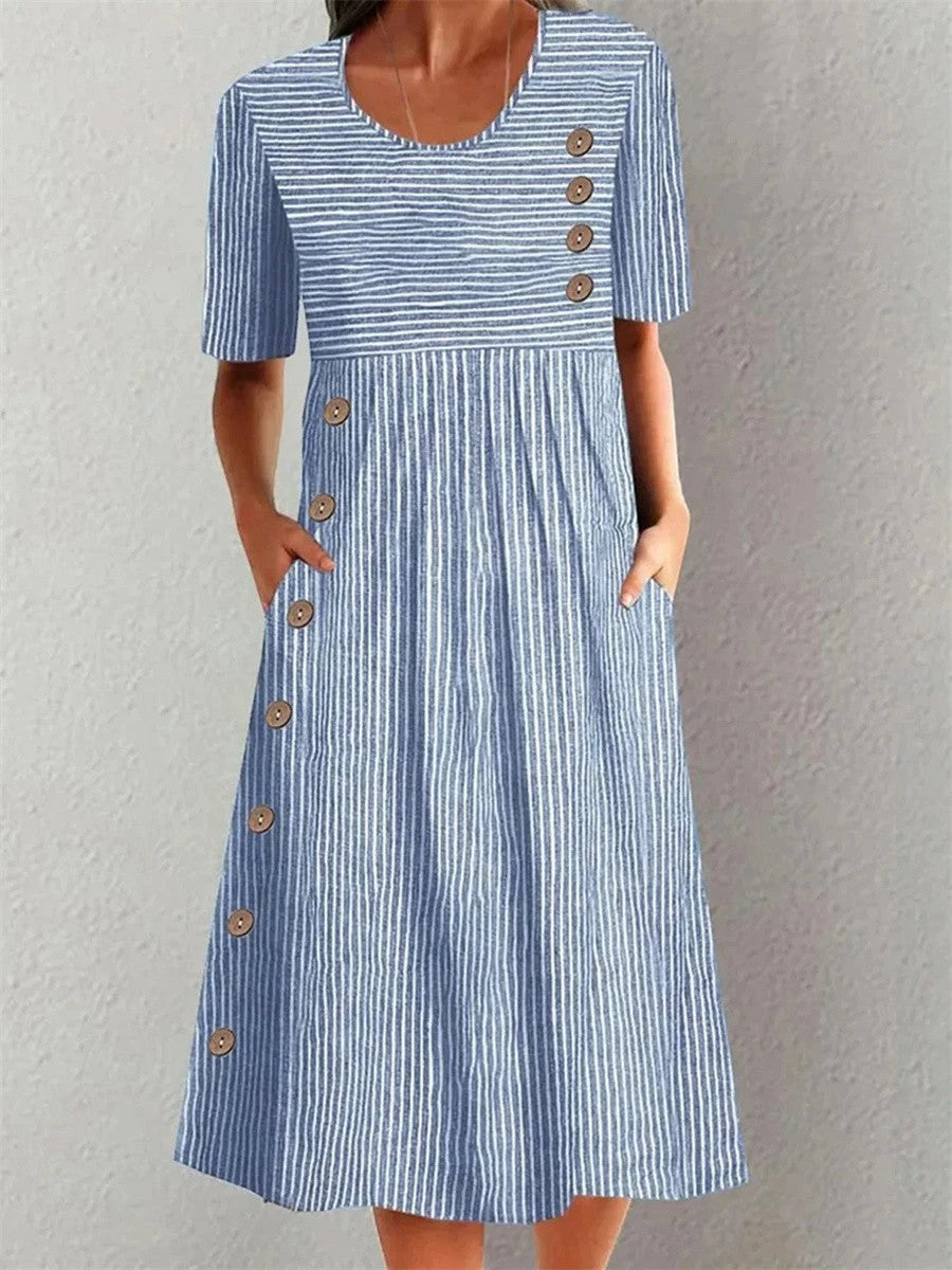 Women's Casual Summer Midi Dress with Side Buttons