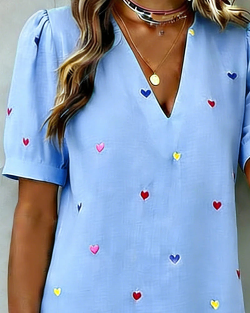 Women's Casual Mini Summer Dress with V-Neck and Puff Sleeve
