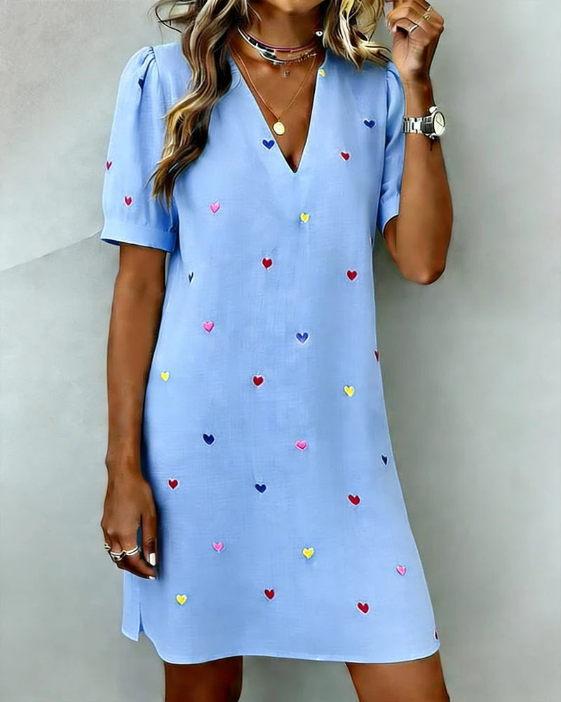 Women's Casual Mini Summer Dress with V-Neck and Puff Sleeve