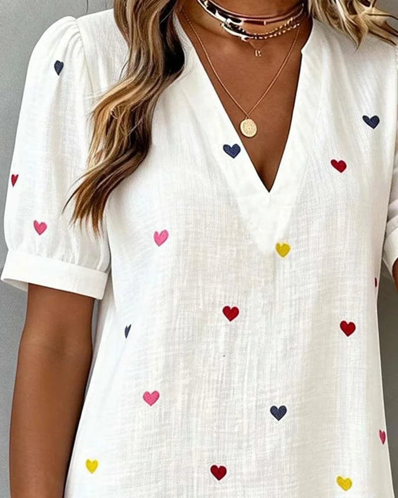 Women's Casual Mini Summer Dress with V-Neck and Puff Sleeve