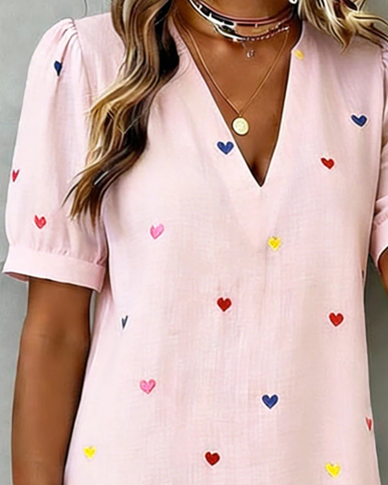 Women's Casual Mini Summer Dress with V-Neck and Puff Sleeve