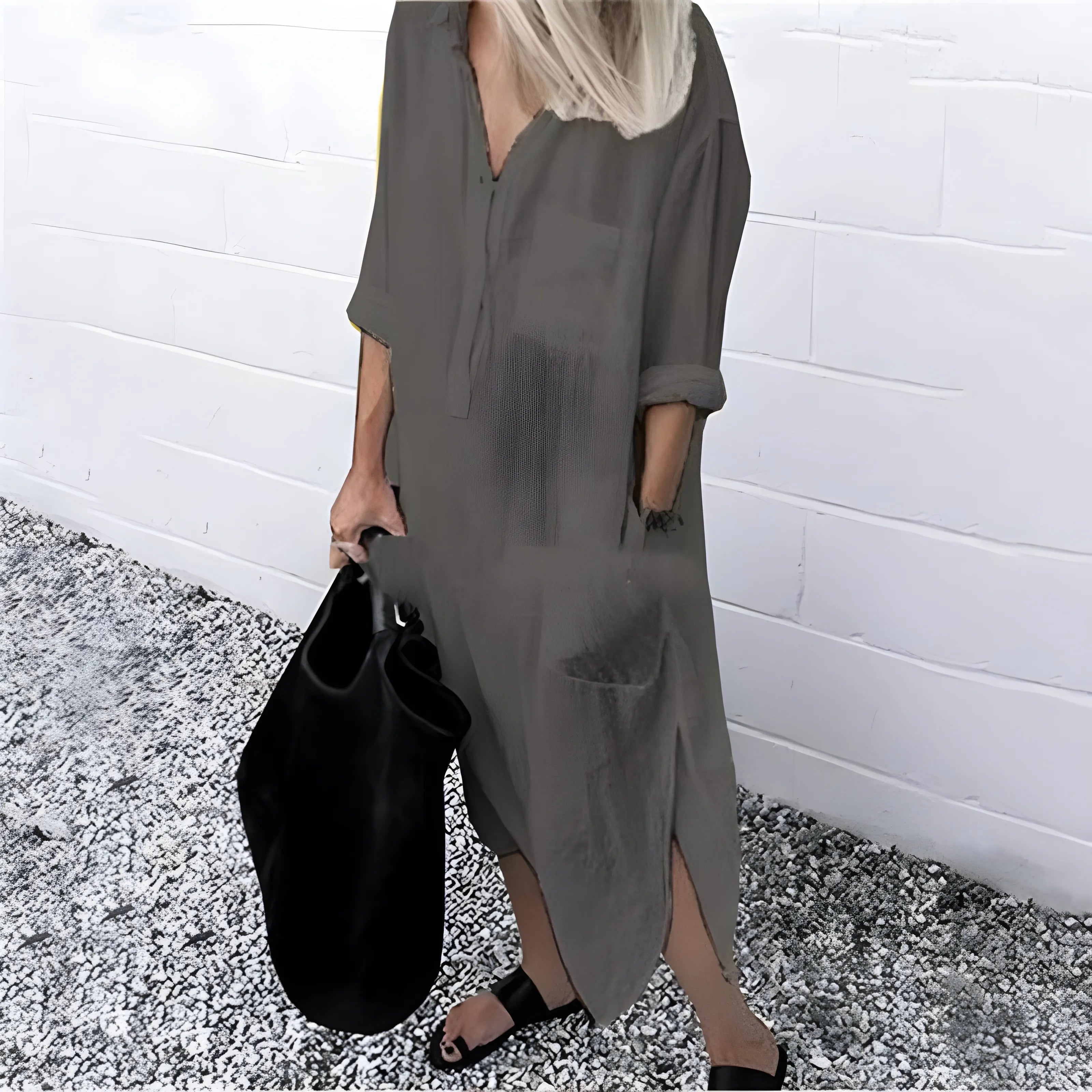 Women's Casual V-Neck Midi Summer Dress with Slit