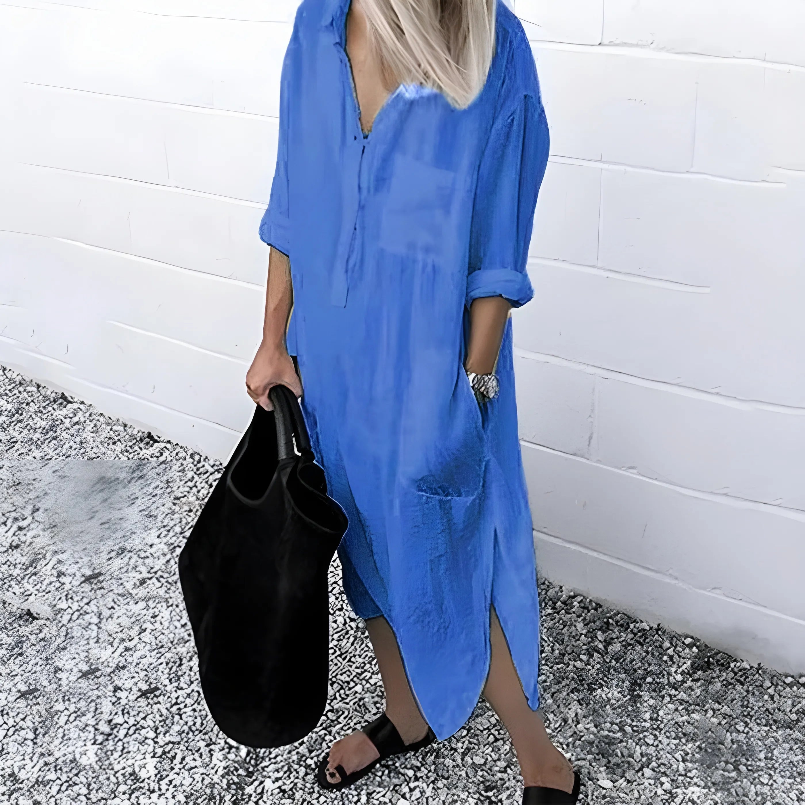 Women's Casual V-Neck Midi Summer Dress with Slit