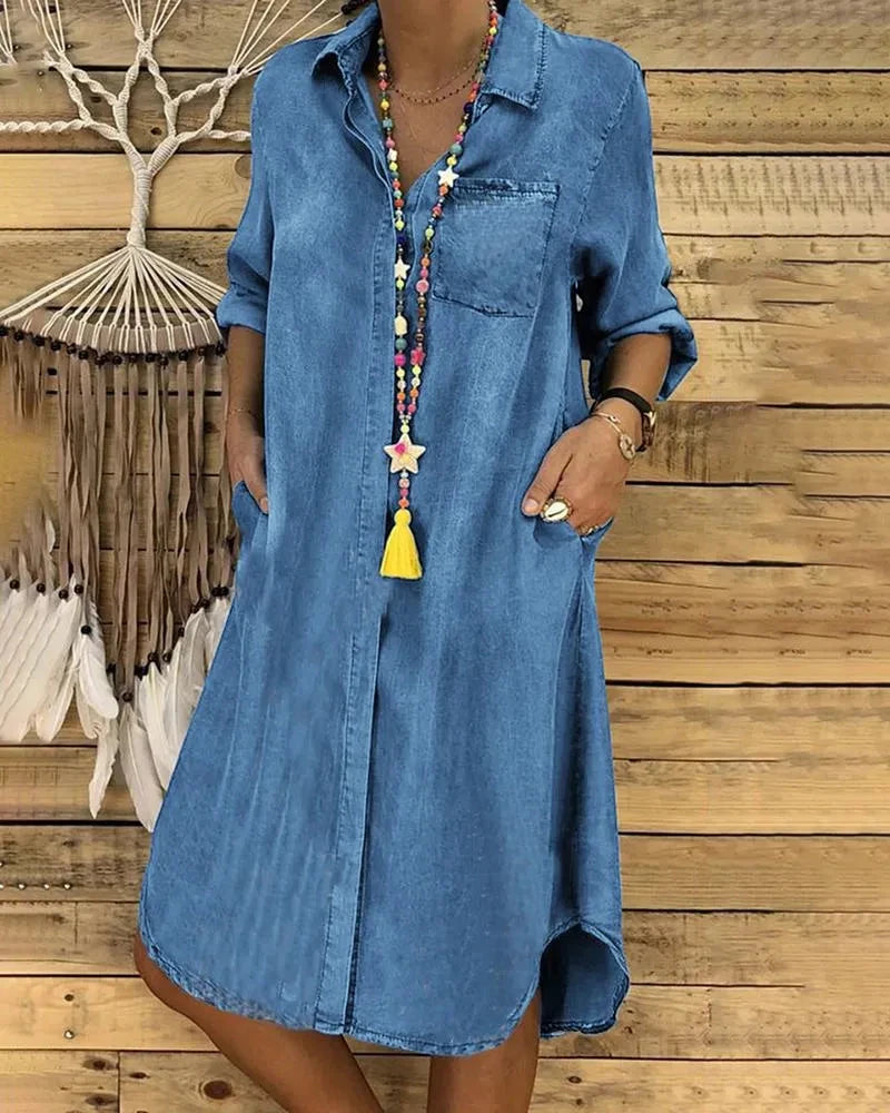 Women's Denim Midi Shirt Dress with V-Neck
