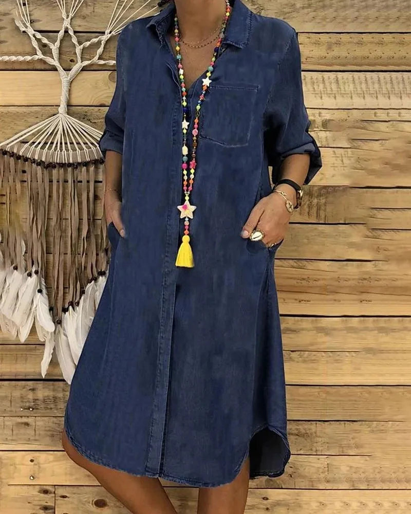 Women's Denim Midi Shirt Dress with V-Neck