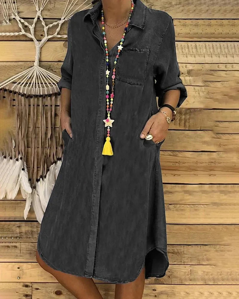 Women's Denim Midi Shirt Dress with V-Neck