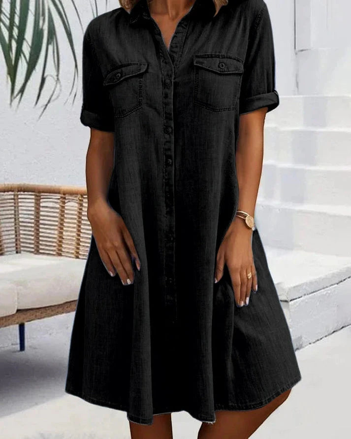 Women's Denim Midi Summer Dress with Short Sleeve