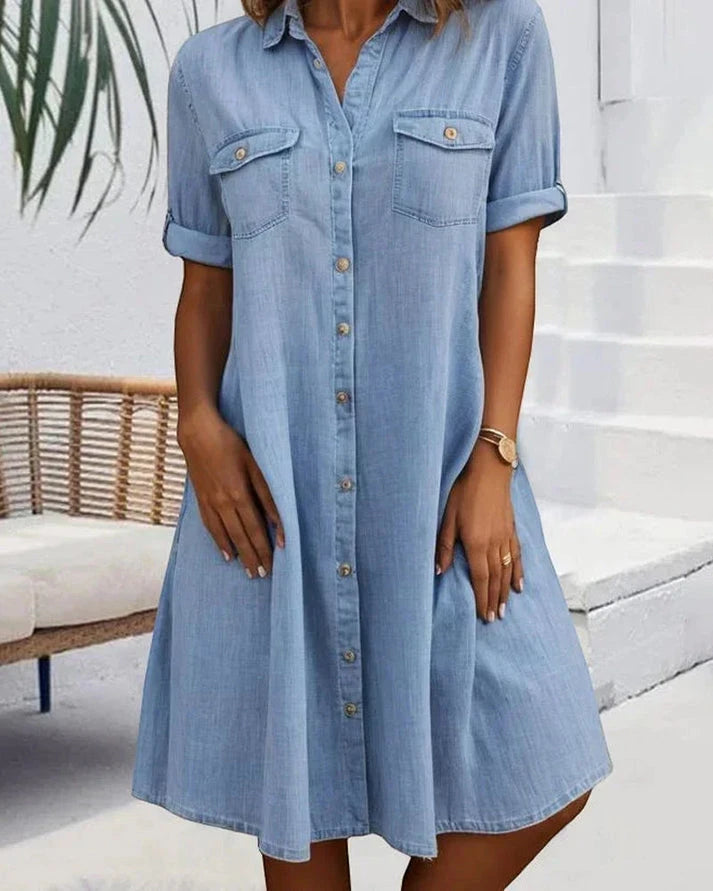 Women's Denim Midi Summer Dress with Short Sleeve