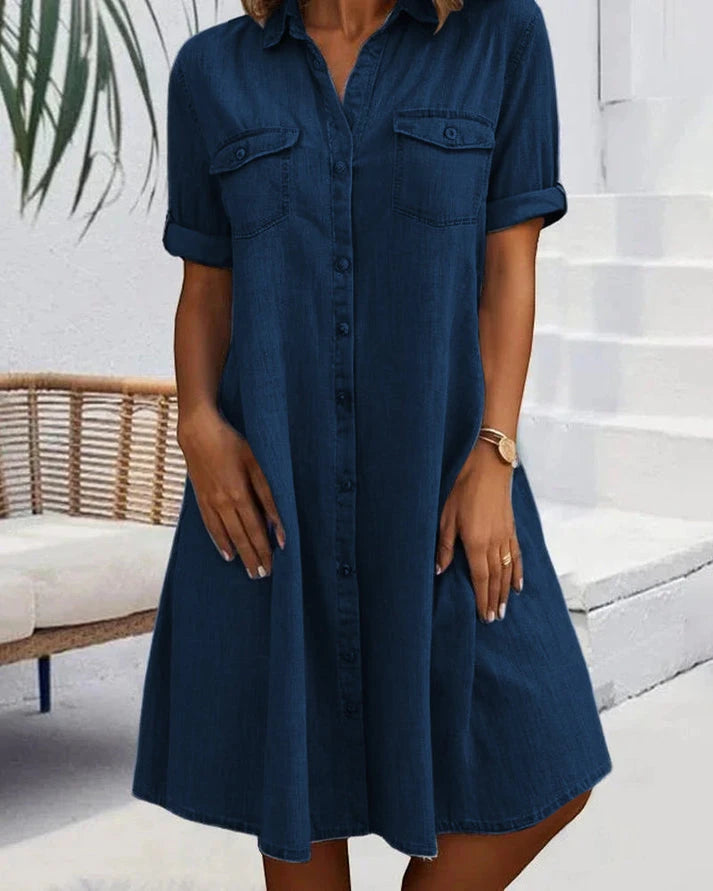 Women's Denim Midi Summer Dress with Short Sleeve