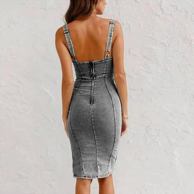 Women's Denim Midi Summer Dress with Slit