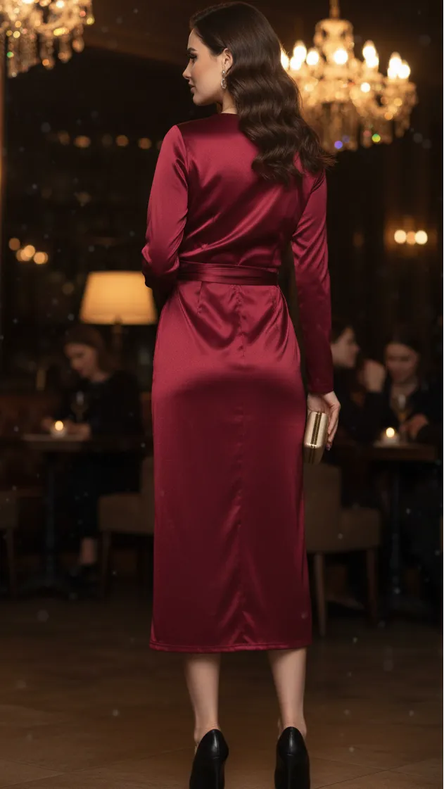 Women's Elegant Burgundy Maxi Wedding Guest Dress with Long Sleeve