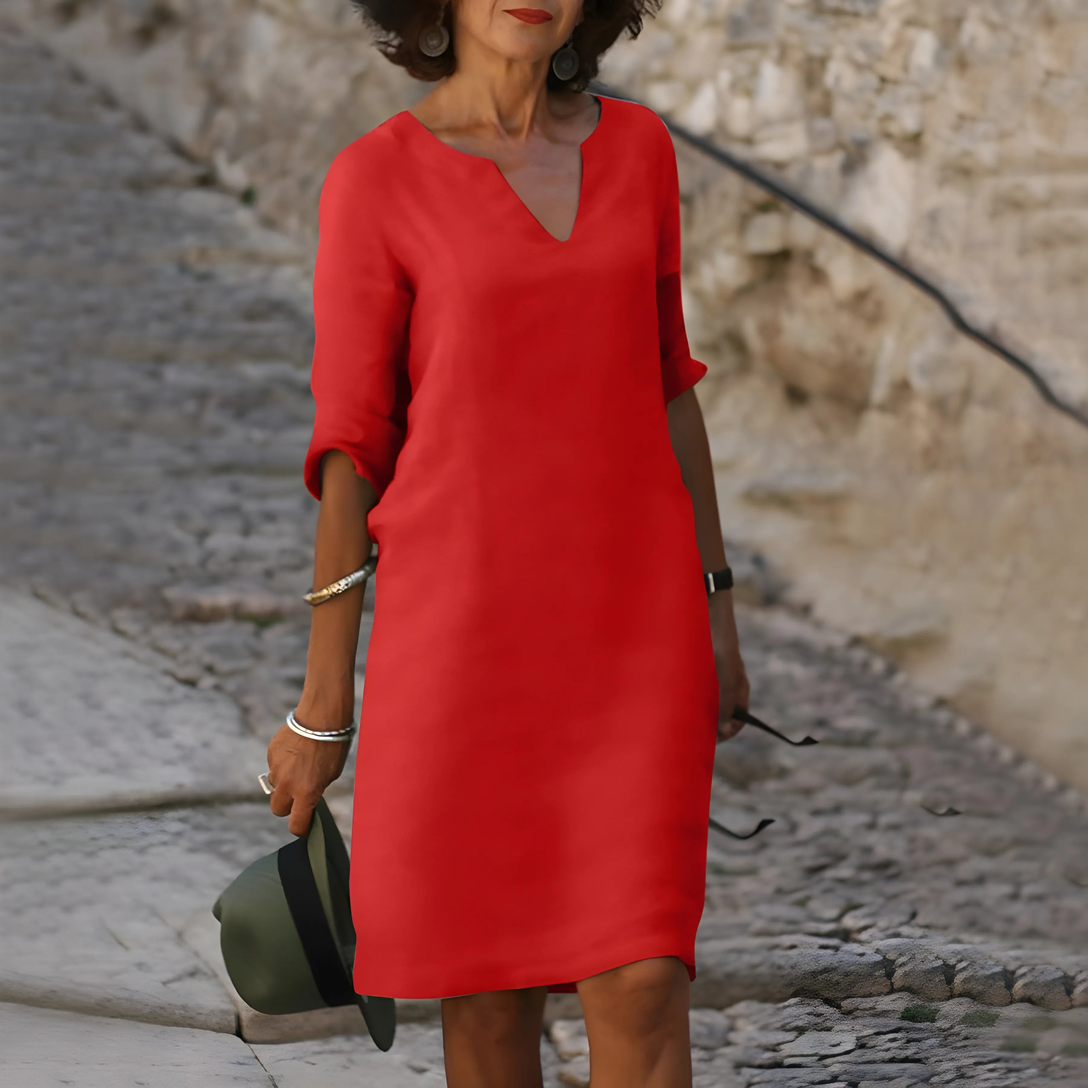 Women's Elegant Casual Midi Summer Dress with V-Neck