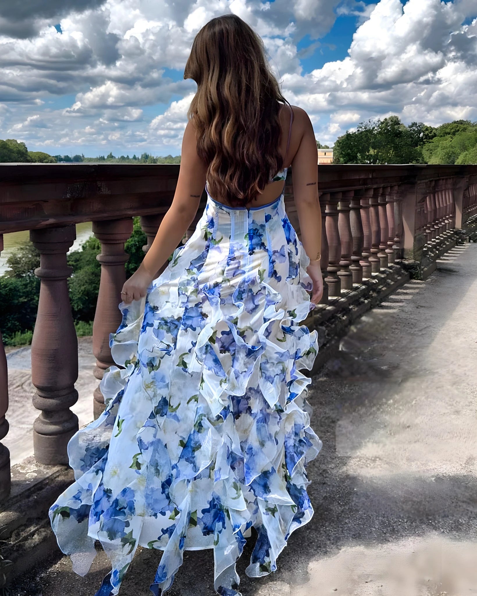 Women's Elegant Floral Maxi Summer Dress with Ruffle and Open Back