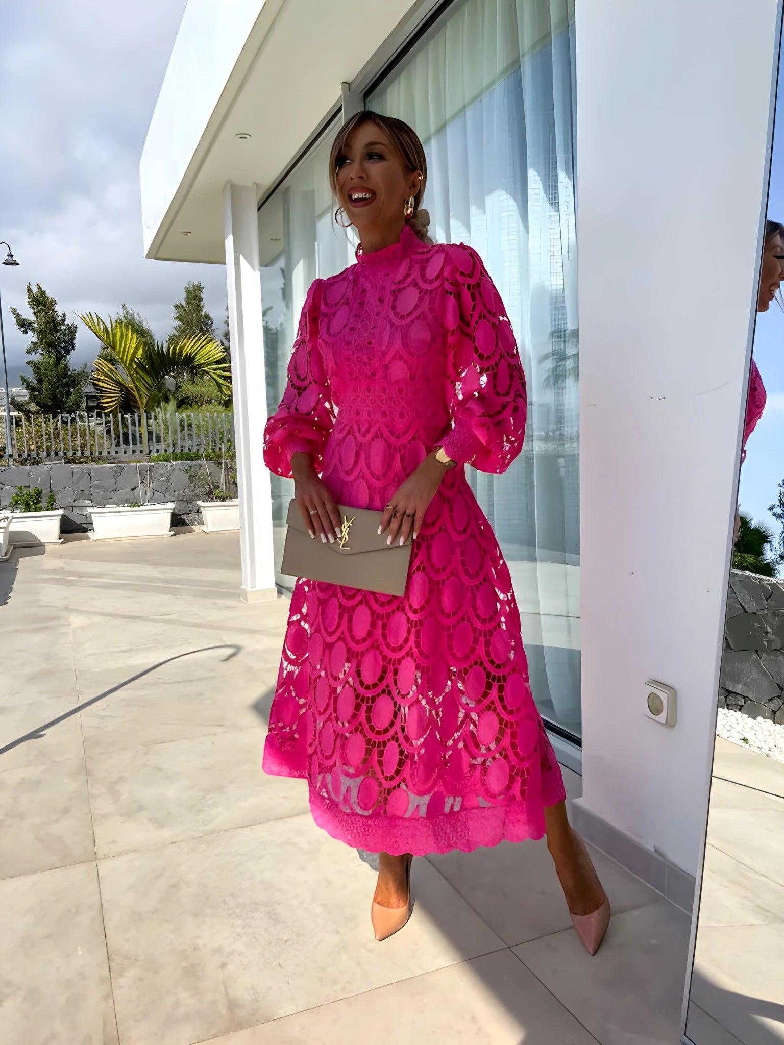 Women's Elegant Floral Midi Summer Dress with High Neck