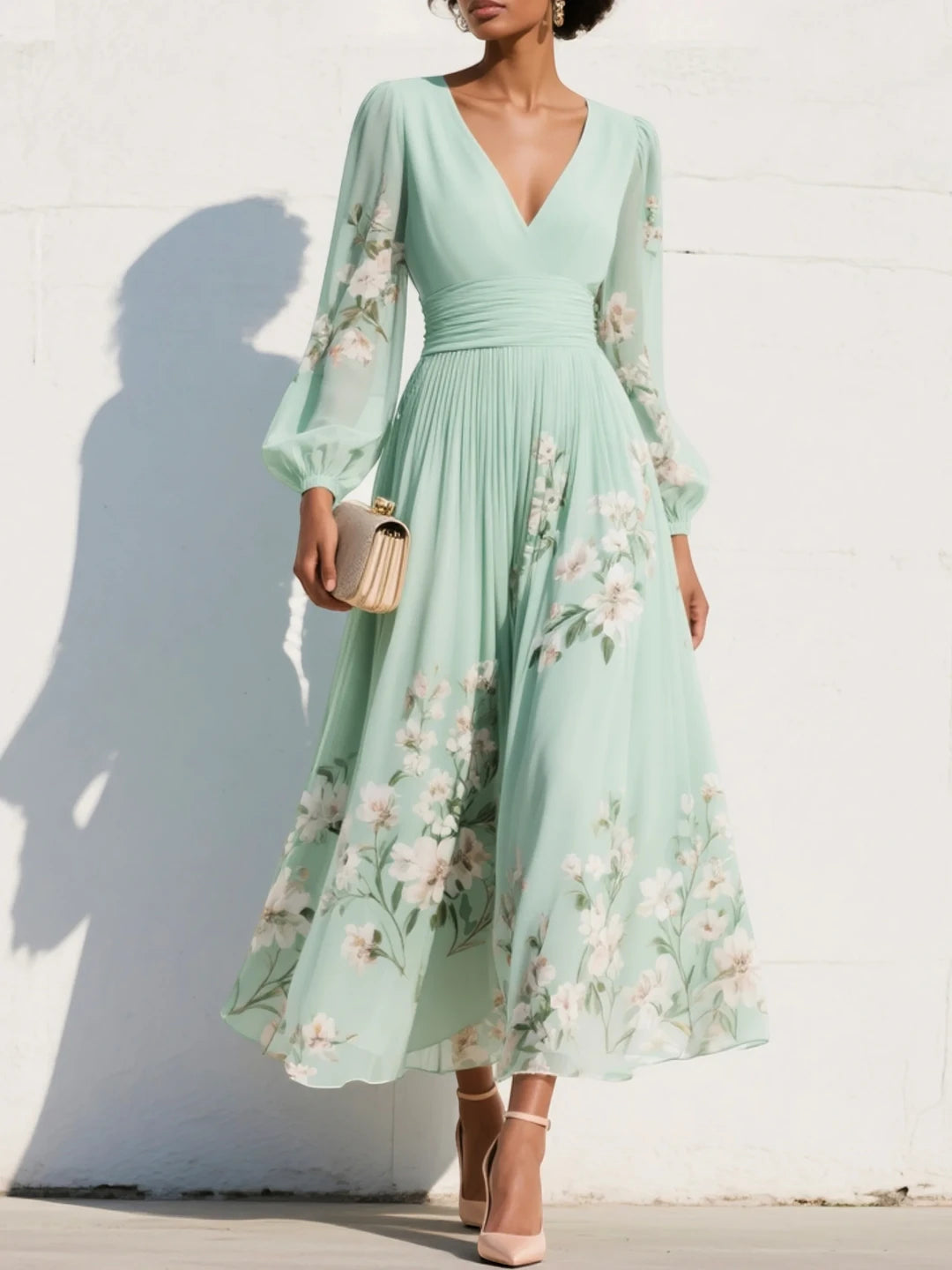 Women's Elegant Floral Midi Summer Dress with Long Sleeve