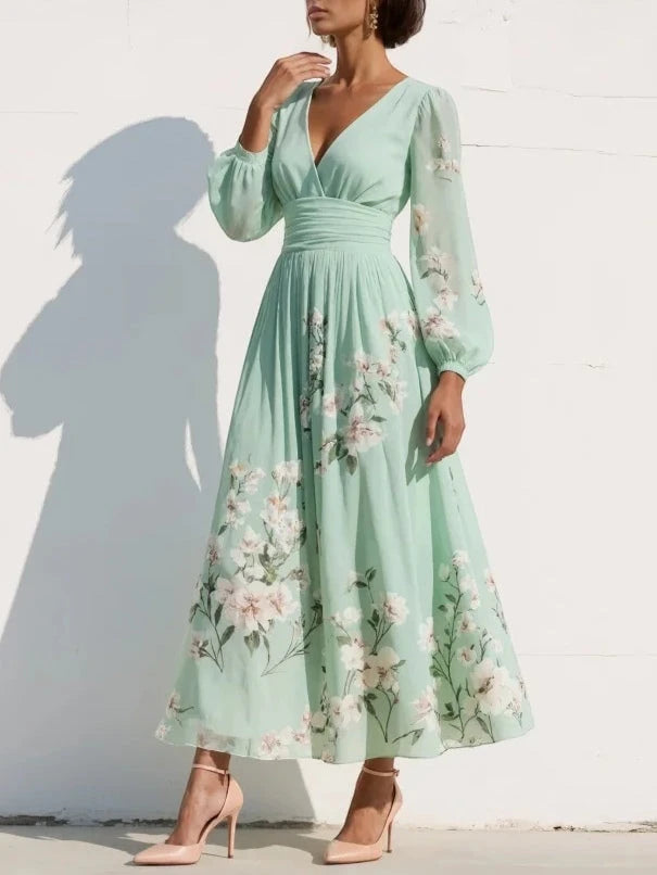Women's Elegant Floral Midi Summer Dress with Long Sleeve