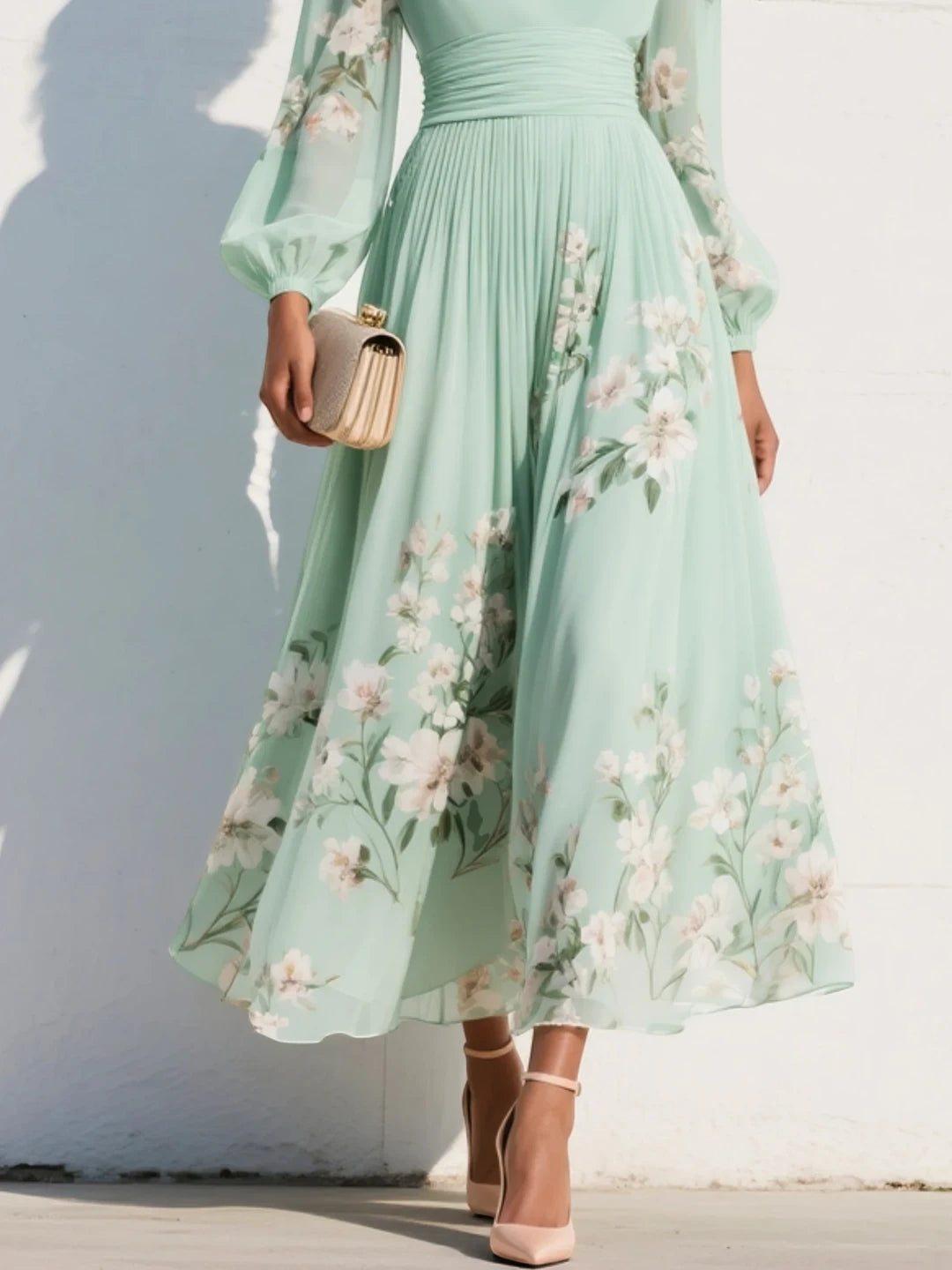 Women's Elegant Floral Midi Summer Dress with Long Sleeve