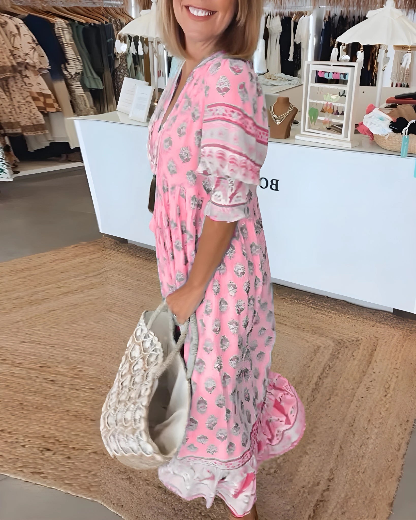 Women's Elegant Floral Midi Summer Dress with V-Neck