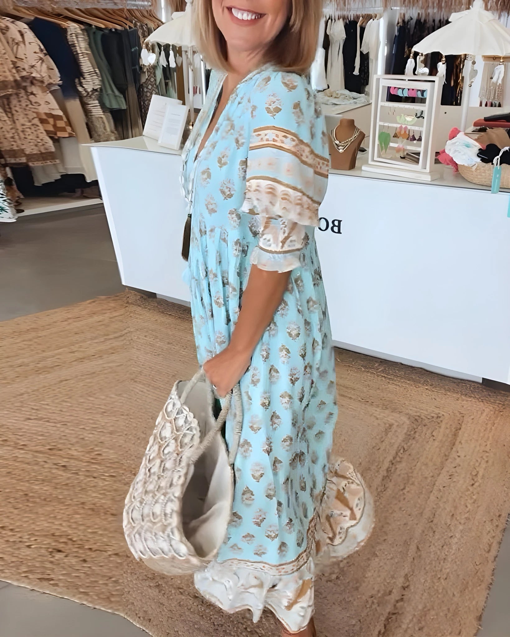 Women's Elegant Floral Midi Summer Dress with V-Neck
