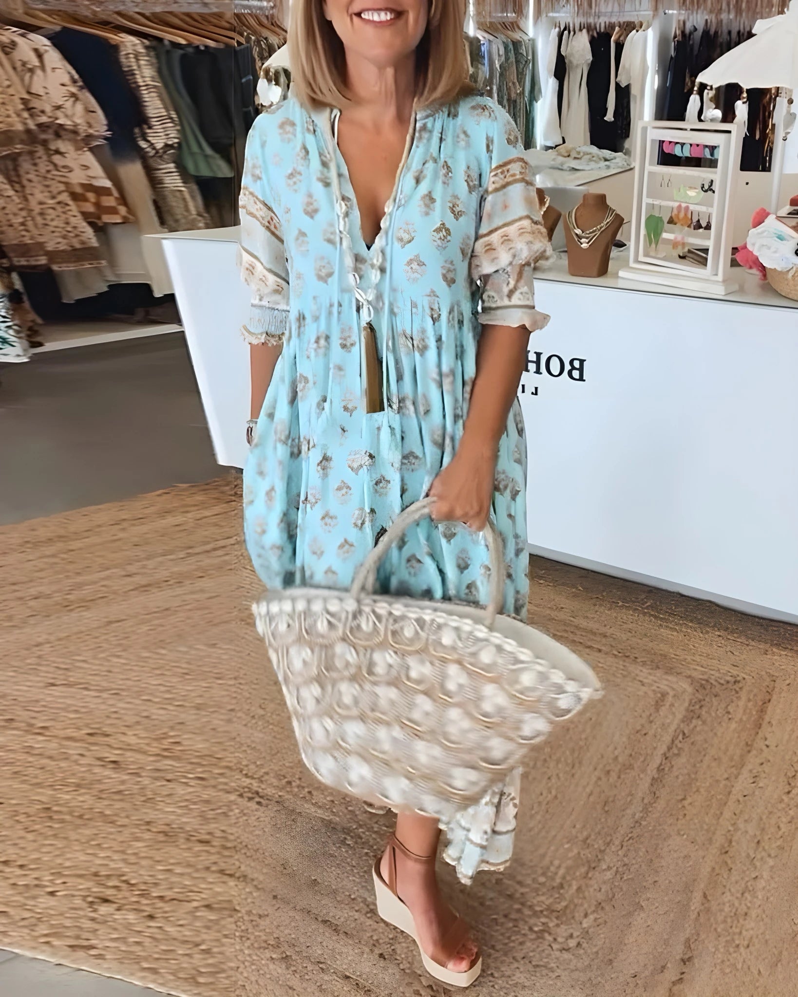 Women's Elegant Floral Midi Summer Dress with V-Neck