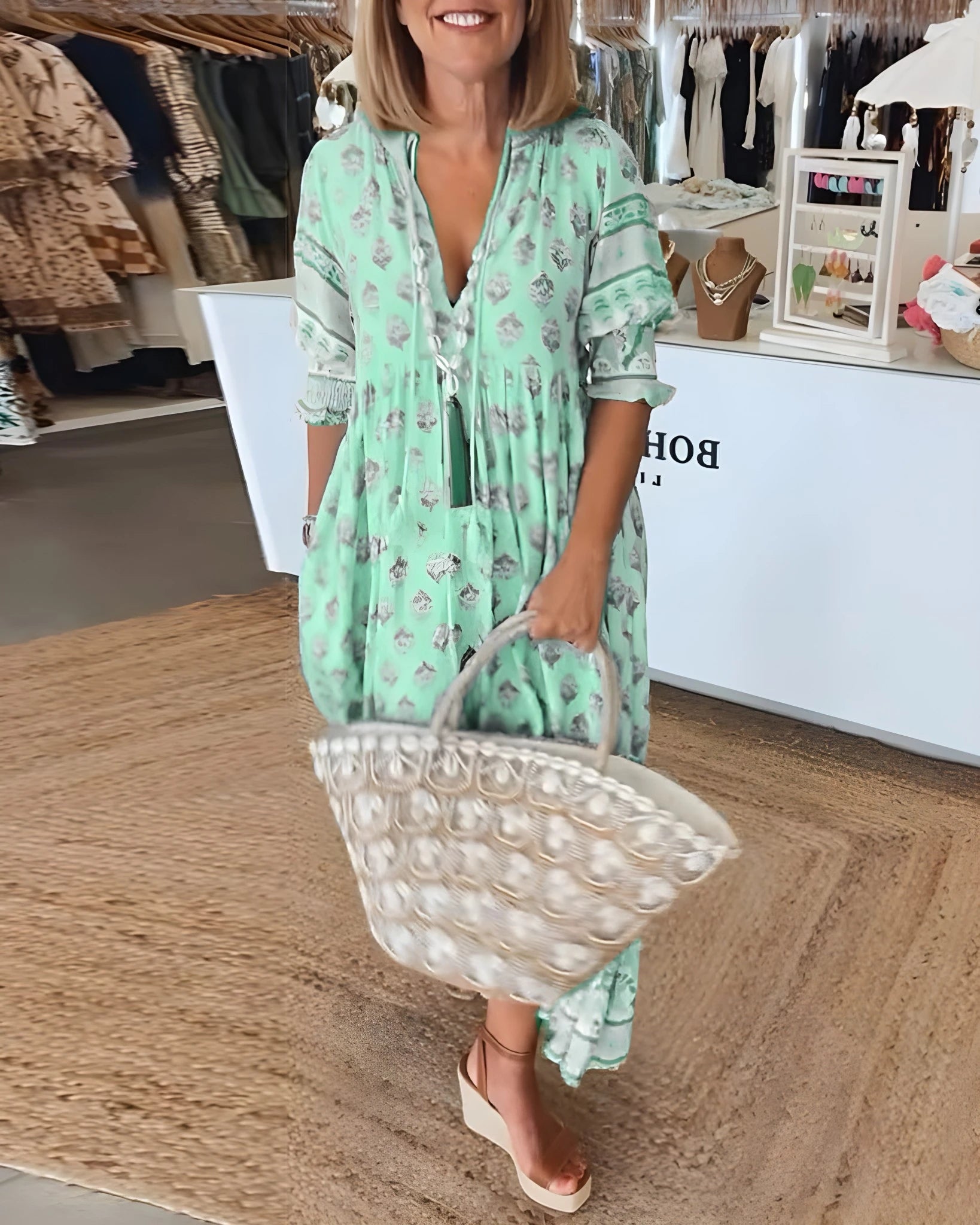 Women's Elegant Floral Midi Summer Dress with V-Neck