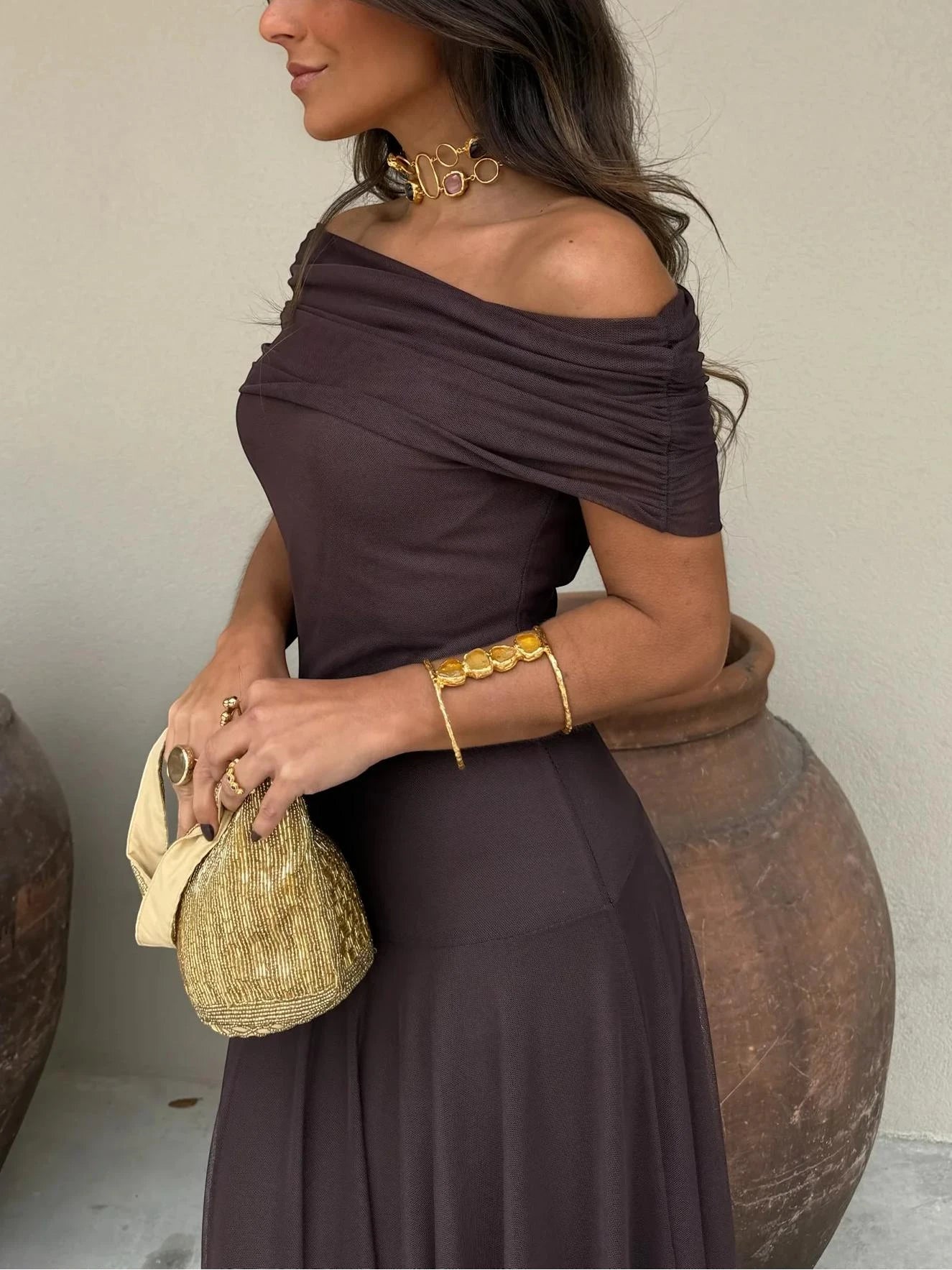 Women's Elegant Flowy Maxi Summer Dress with Off Shoulder