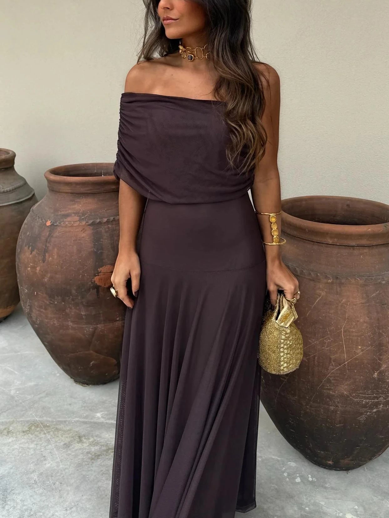 Women's Elegant Flowy Maxi Summer Dress with Off Shoulder