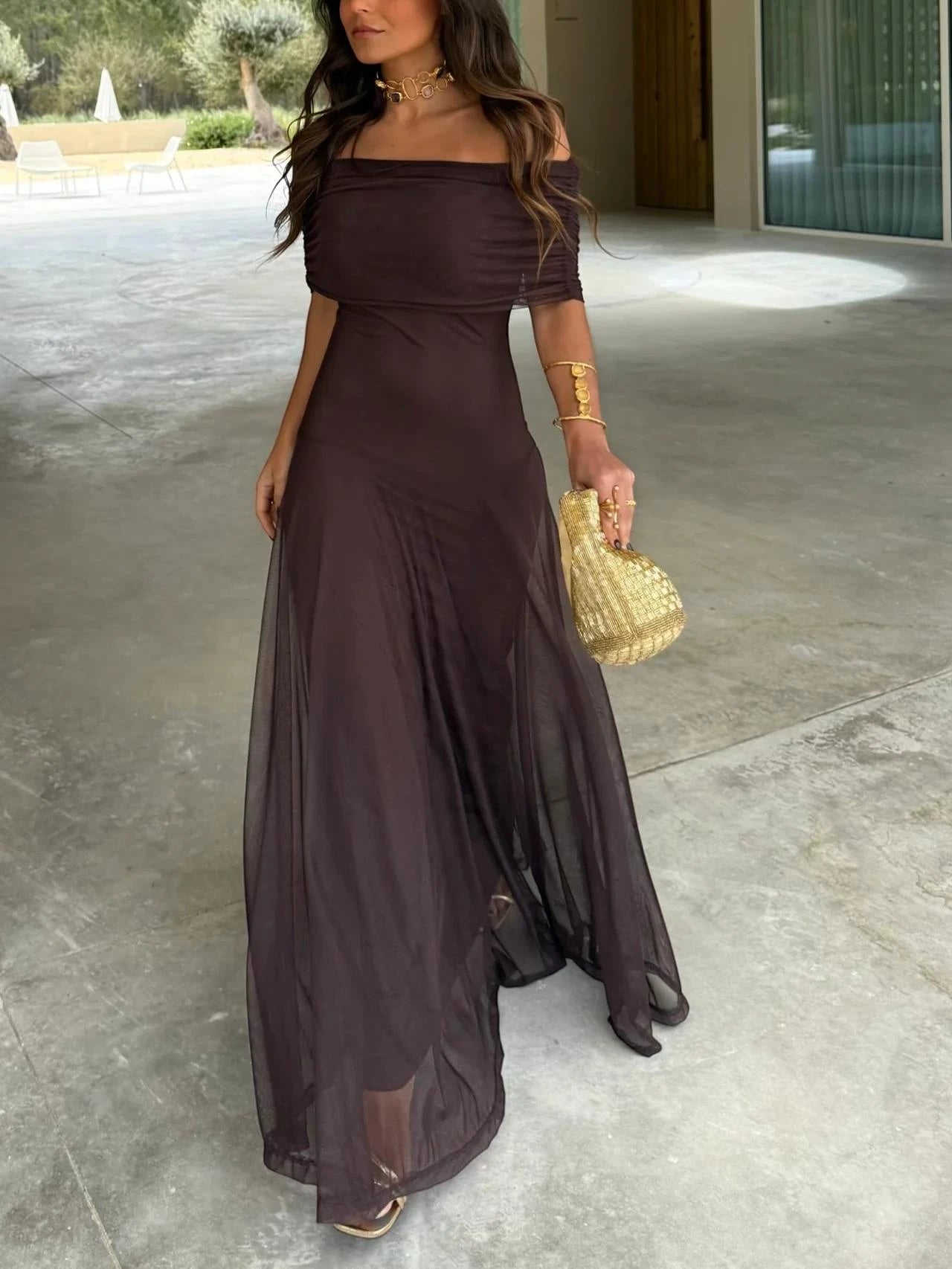 Women's Elegant Flowy Maxi Summer Dress with Off Shoulder