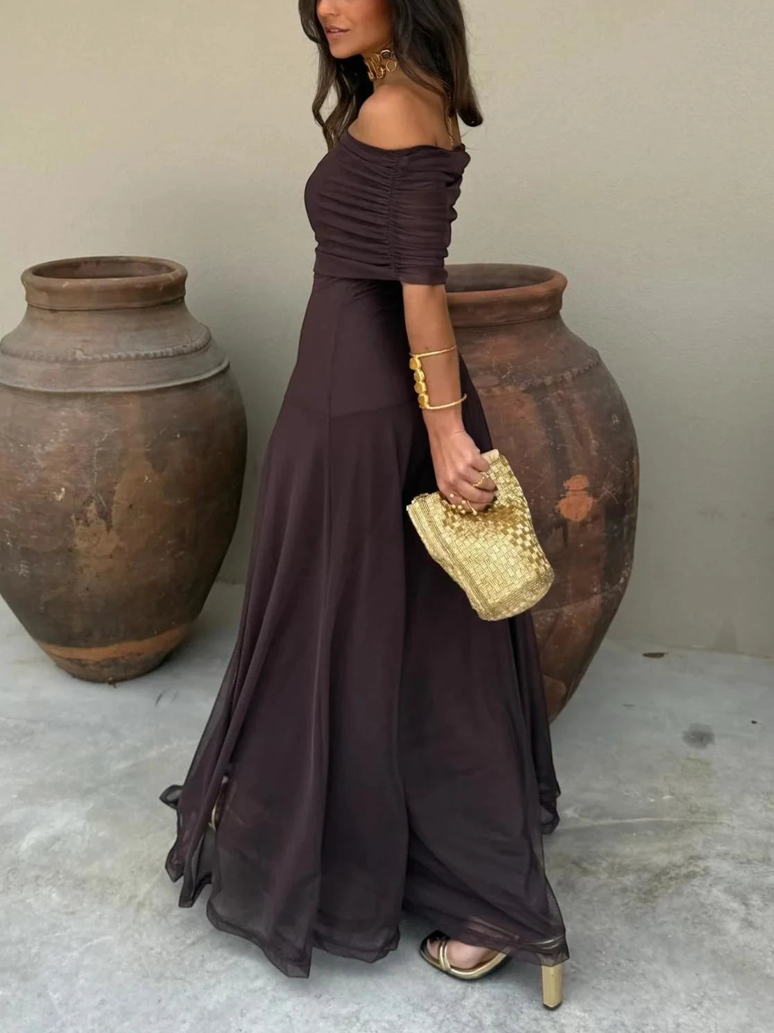 Women's Elegant Flowy Maxi Summer Dress with Off Shoulder