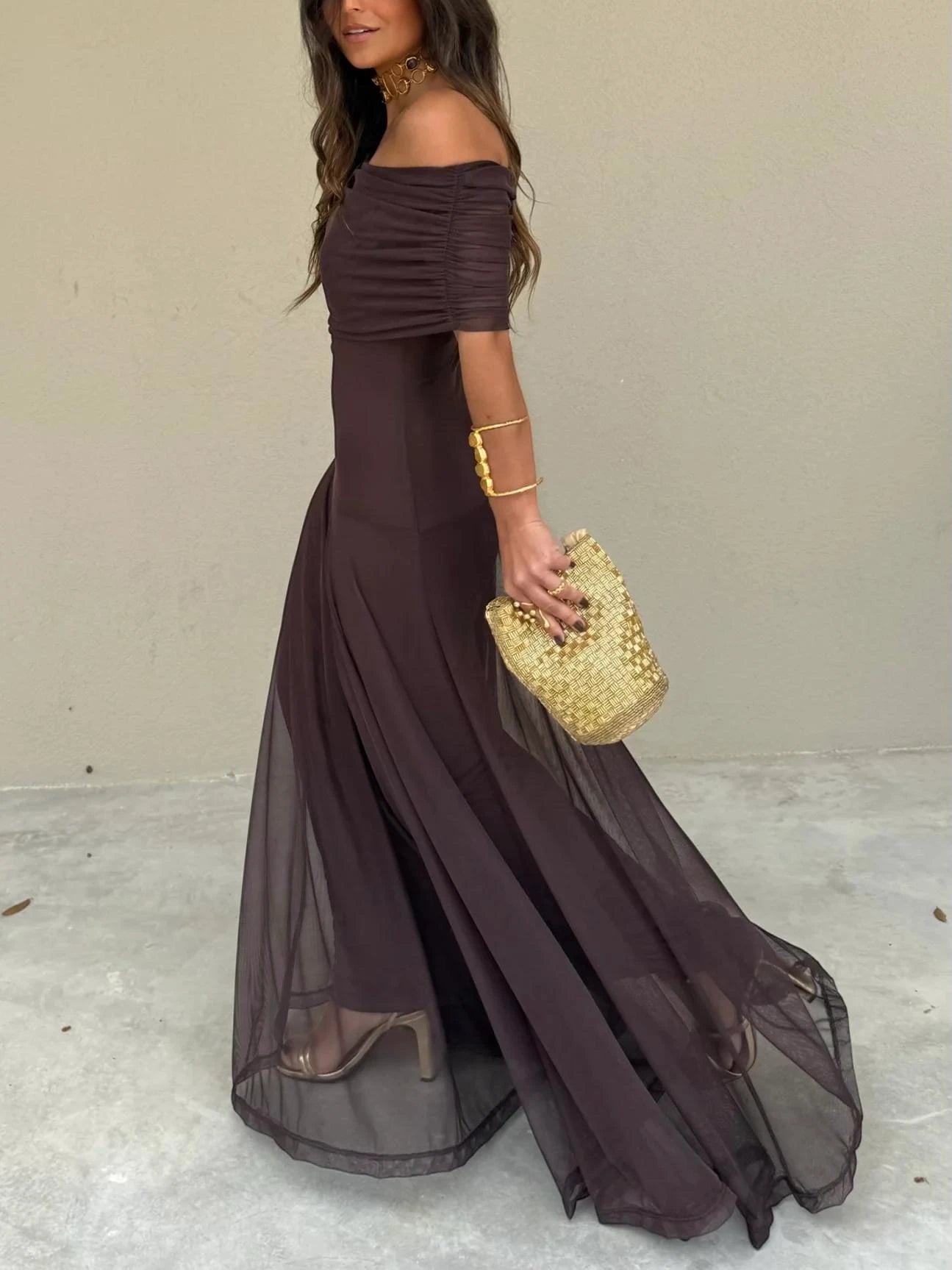Women's Elegant Flowy Maxi Summer Dress with Off Shoulder