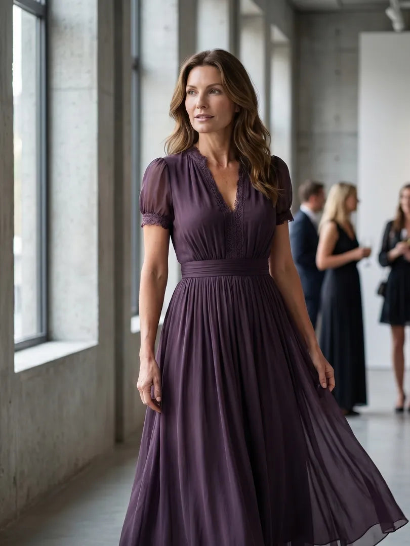 Women's Elegant Flowy Maxi Summer Dress with Short Sleeve