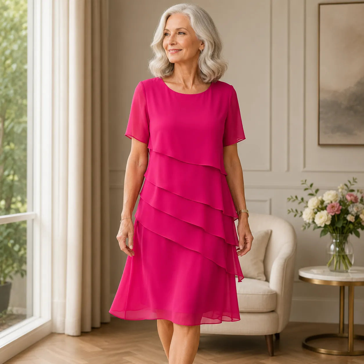 Women's Elegant Flowy Midi Summer Dress with Ruffle