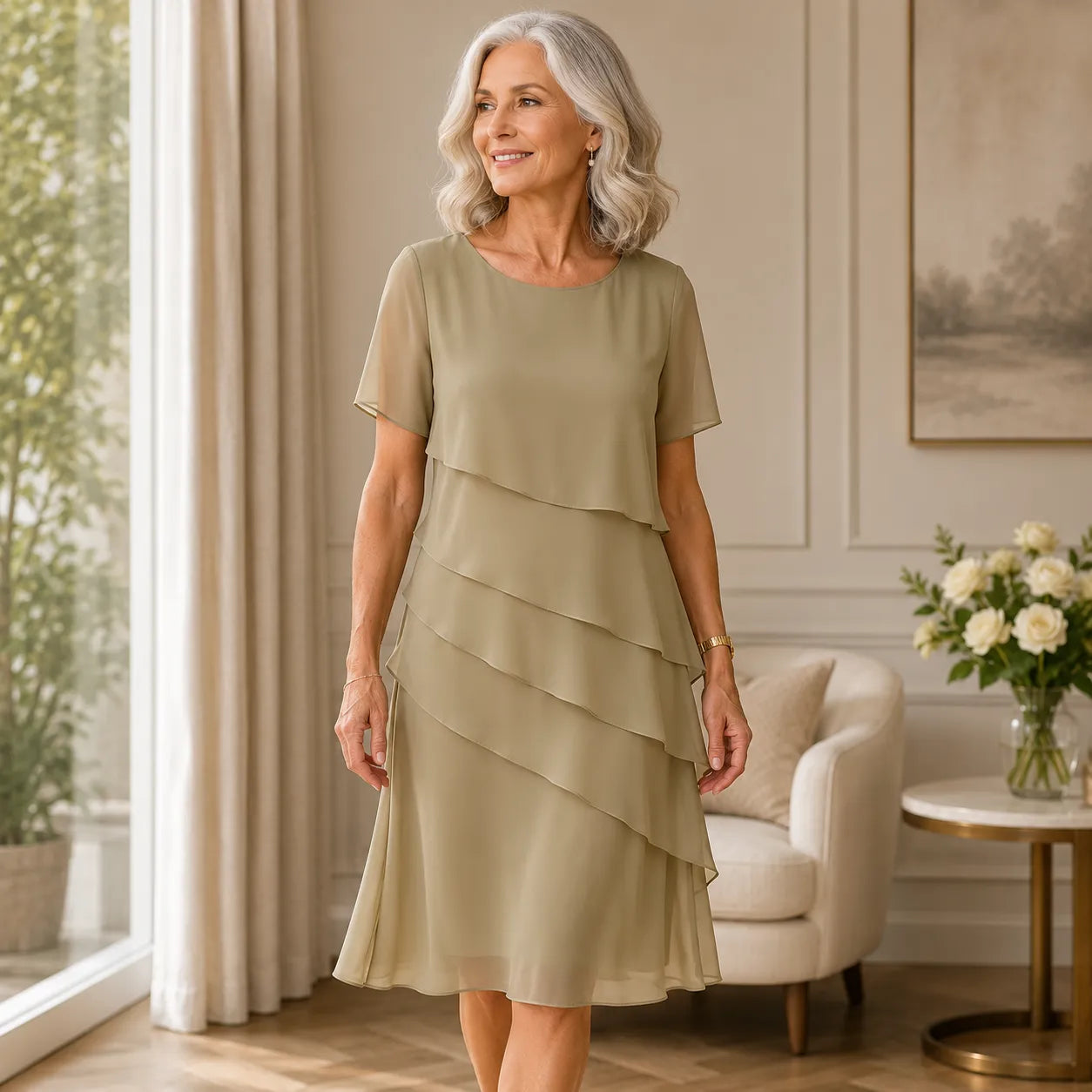 Women's Elegant Flowy Midi Summer Dress with Ruffle