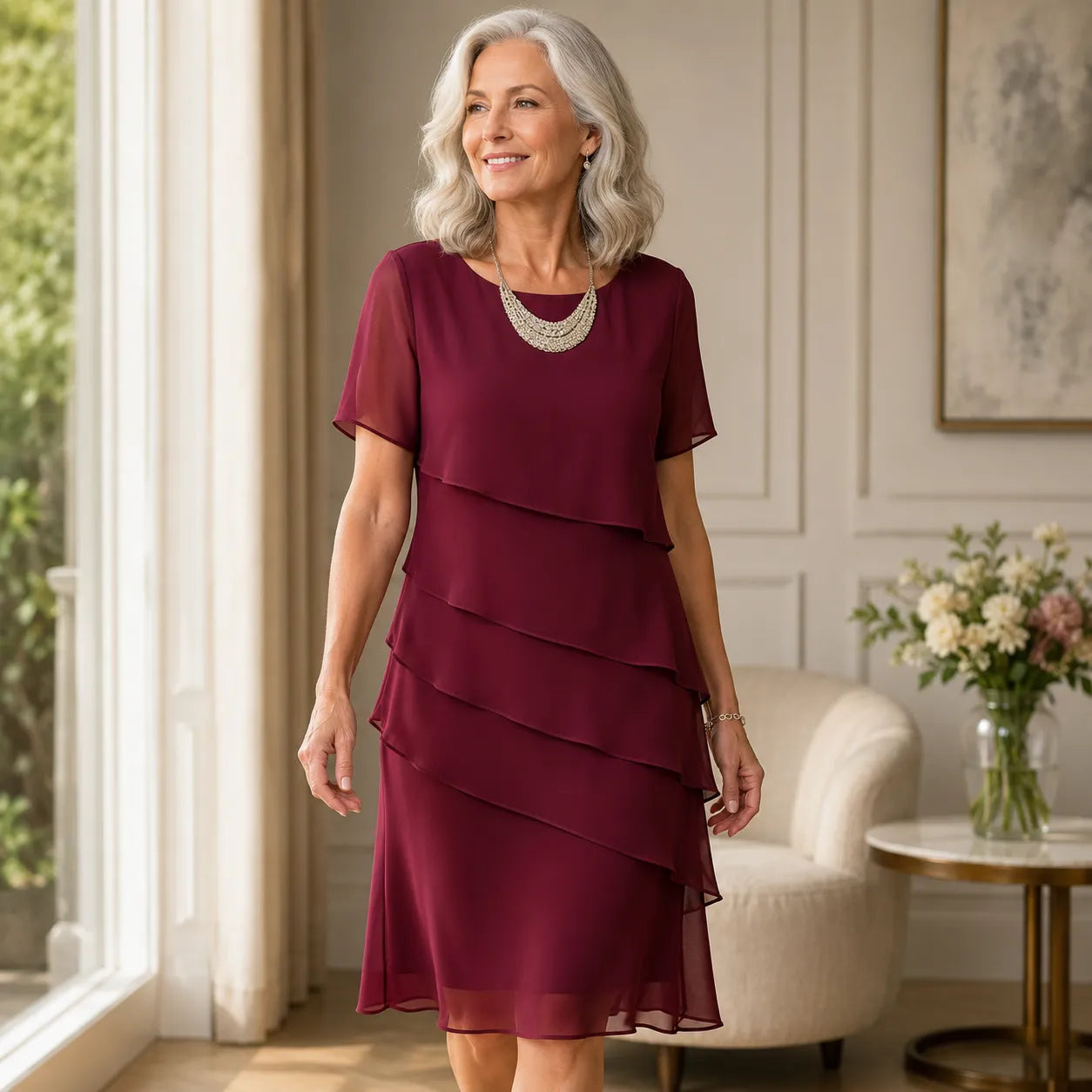 Women's Elegant Flowy Midi Summer Dress with Ruffle