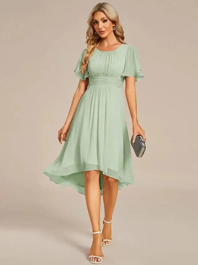 Women's Elegant Flowy Midi Wedding Guest Dress with Ruffle Details