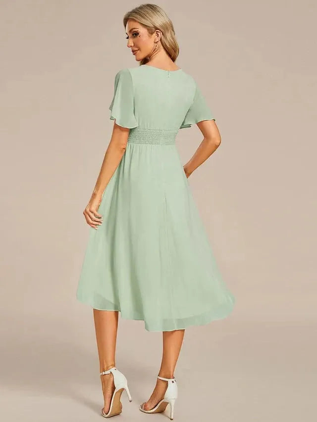 Women's Elegant Flowy Midi Wedding Guest Dress with Ruffle Details