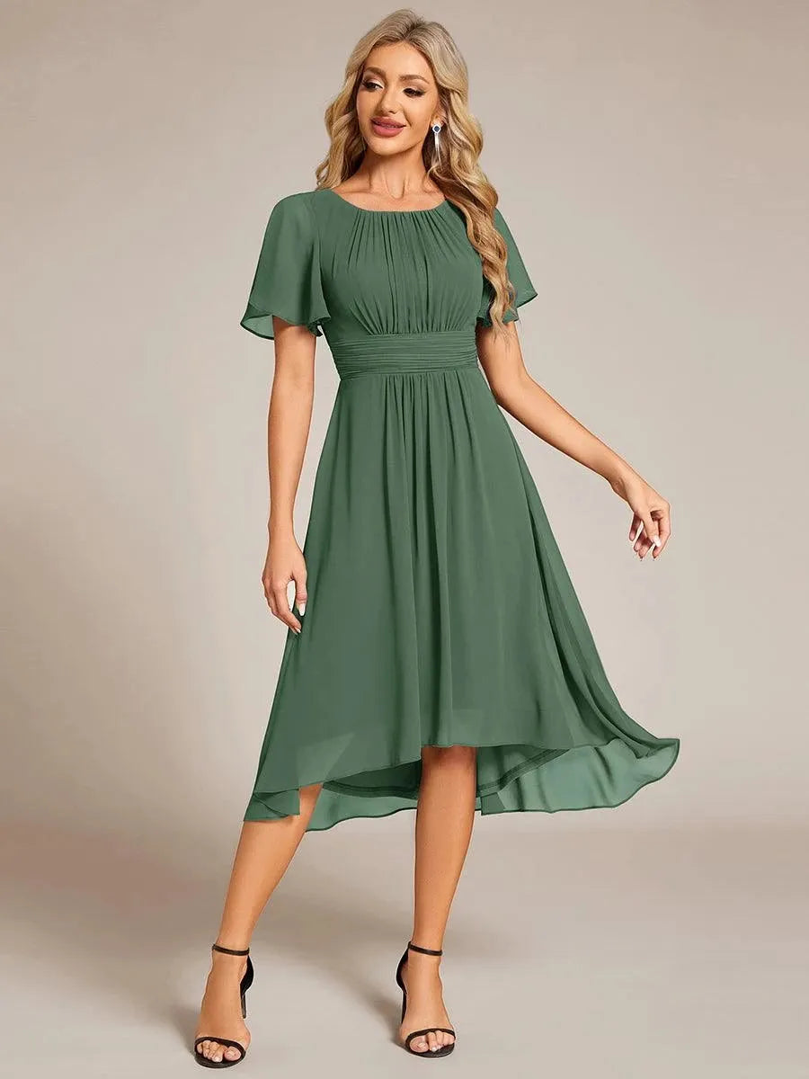 Women's Elegant Flowy Midi Wedding Guest Dress with Ruffle Details